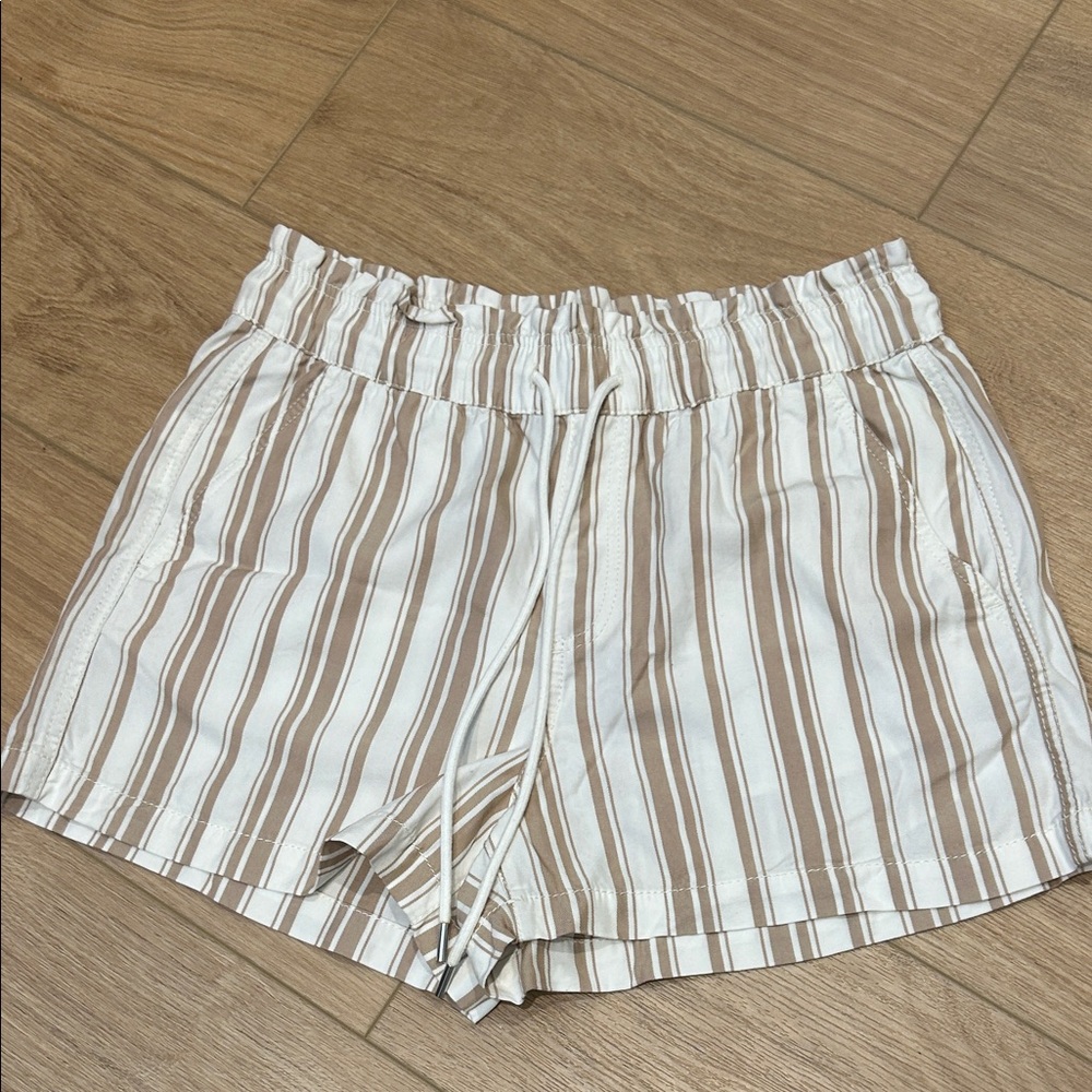 LOFT Beige and White Striped Drawstring Shorts